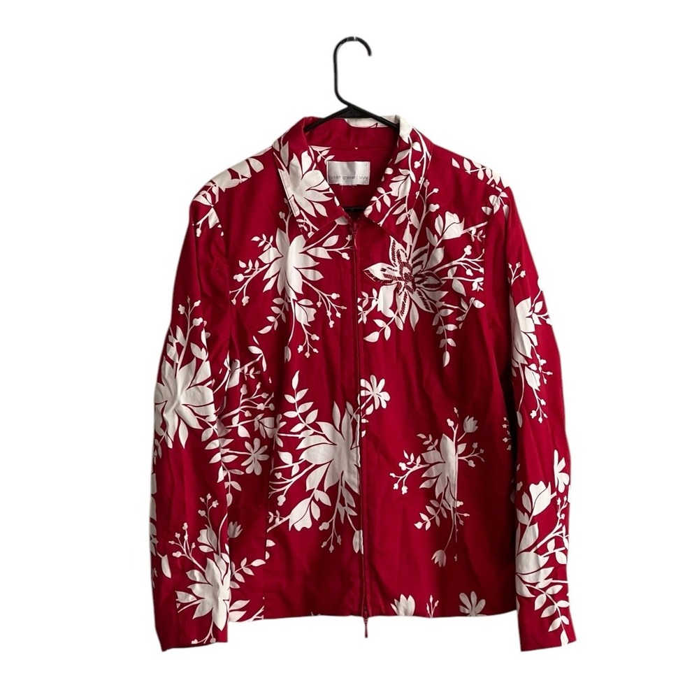 SUSAN GRAVER COTTON JACKET XL RED WHITE FULL ZIP LIGHTWEIGHT BEADED FLORAL LINED